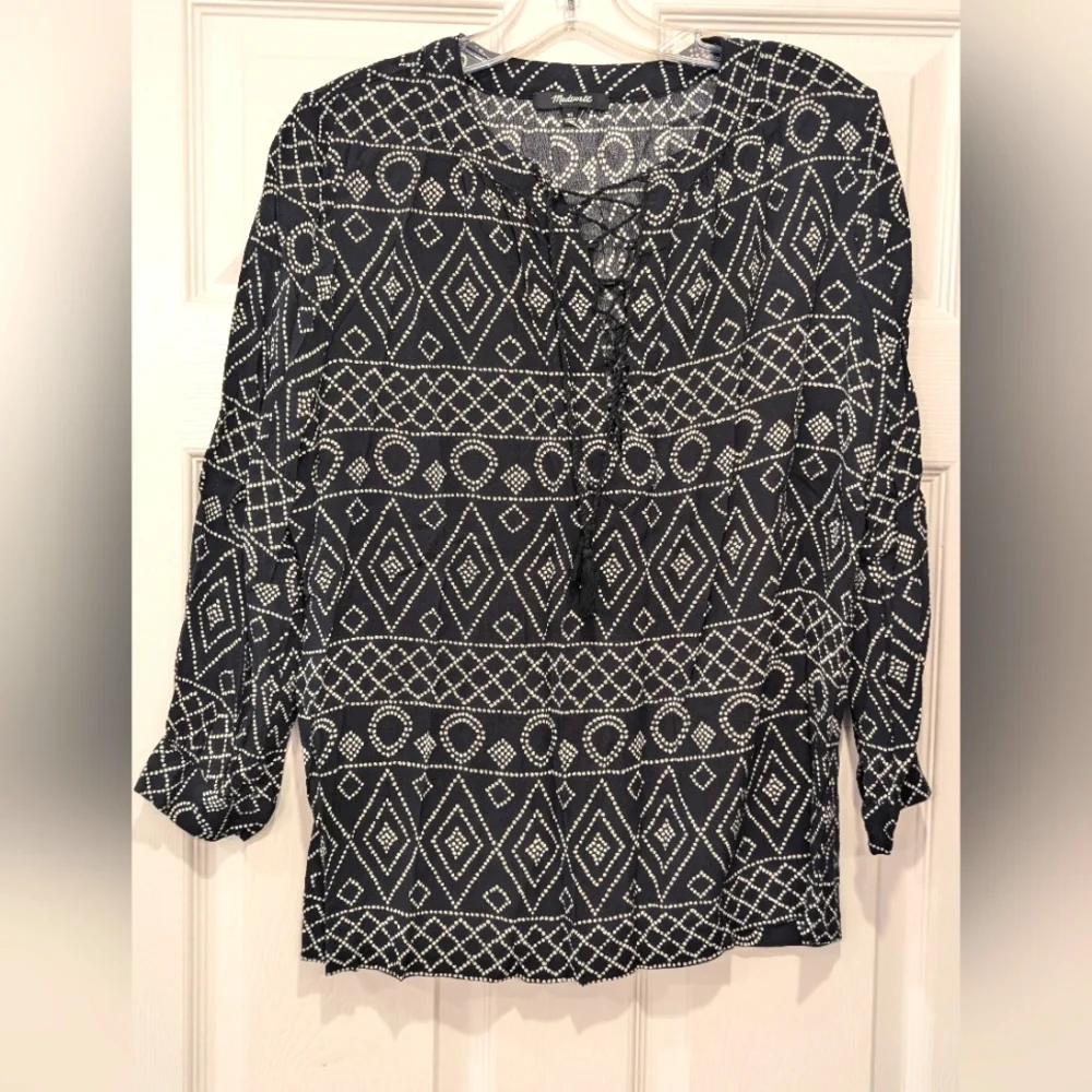 Madewell western black peasant boho caravan gauze tassel shirt blouse XS v-neck